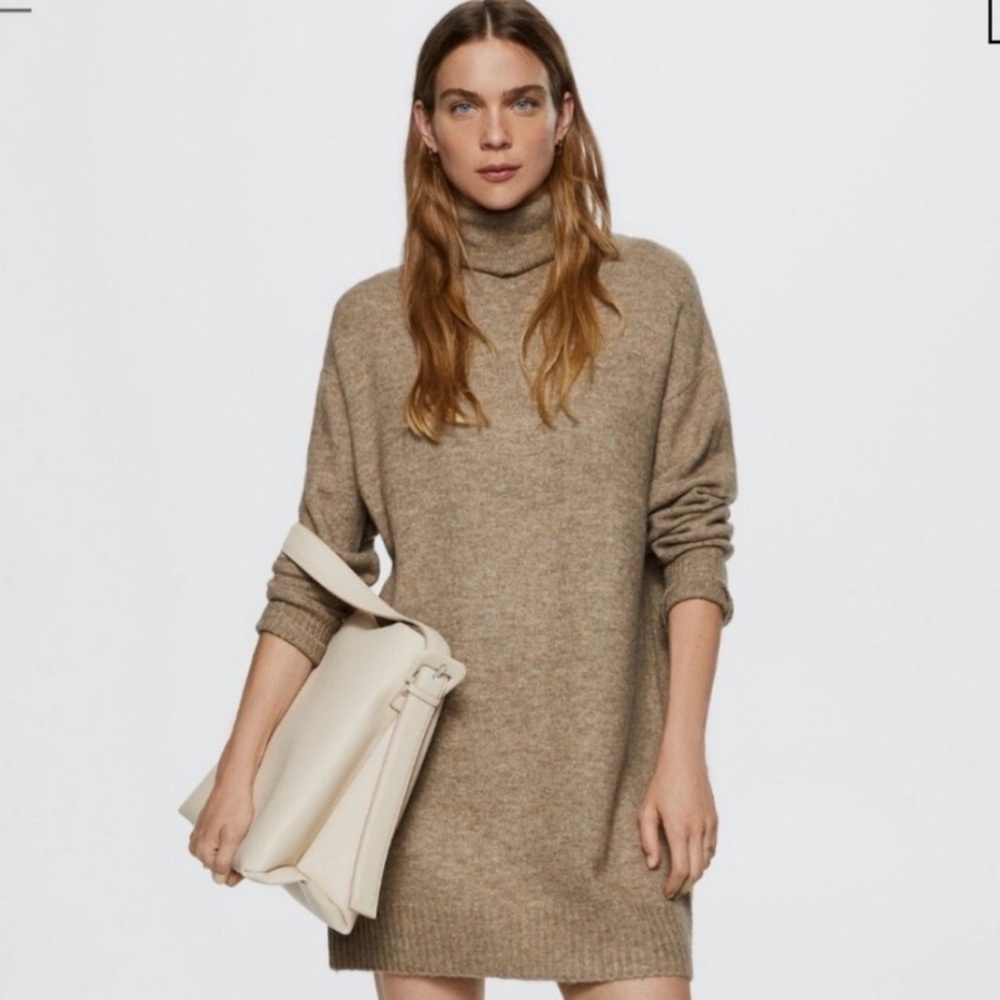 Mango Women's Brown Tan Taupe Turtleneck Sweater Dress